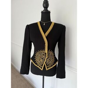 Vintage 80s David Hayes Black‎ Gold embellished blazer Women S suit jacket rare